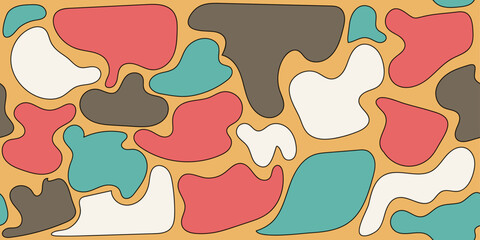 Abstract colorful style spotted yellow, blue, red, white, brown seamless pattern with black editable stroke. Multicolored vector illustration for business, banners, wallpaper, textile, wrapping	