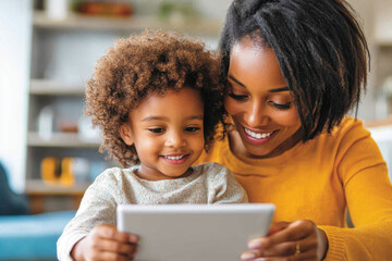 Obraz premium Woman and child engrossed in tablet together, smiles bright with screen's glow, cozy living room scene.