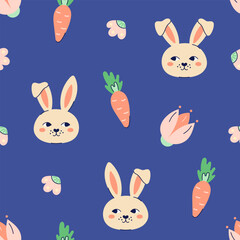 Happy Easter seamless pattern with rabbits and carrots on dark blue background. Happy Easter hand drawn card. Flat illustration with partial outline. Vector illustration.
