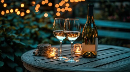Wine glasses bottle candles and lights on an outdoor table