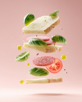 Floating Italian Sandwich Ingredients with Basil and Olive Oil