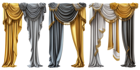 Luxury window curtains and drapes for living room bedroom home decor interior design ideas valances swags isolated on a transparent background.