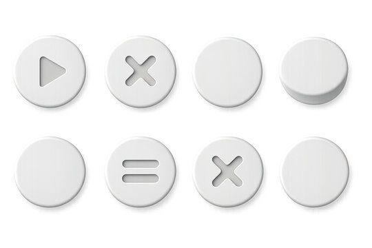 3D icon set of rounded buttons: circle play, round cancel, soft shadow button, floating action icon, raised button, hover highlight, rounded menu, circular close. 3d icon. icons set of 3d style in a