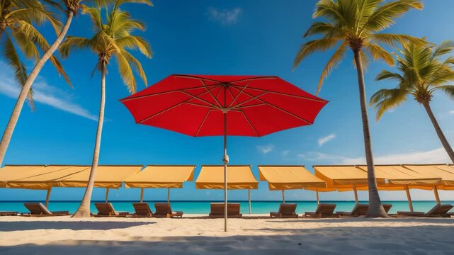 Red parasol under the azure sky. Sunshade situated beneath the palm trees with the deep blue sky overhead. Collection of awnings. Coastal umbrella beneath the sky. Blank space.
