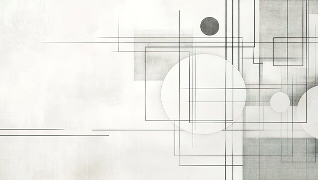 Abstract geometric composition with circles squares and intersecting lines on white