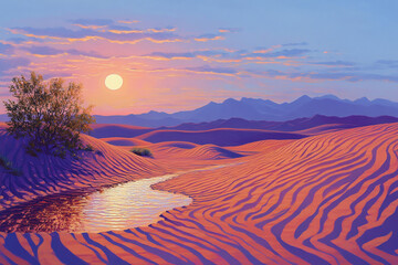 Desert landscape at sunset with a tranquil stream winding through sand dunes.  Sunrise, desert, sand, mountains, trees, water, sun, colors, calmness, nature, tranquil, 