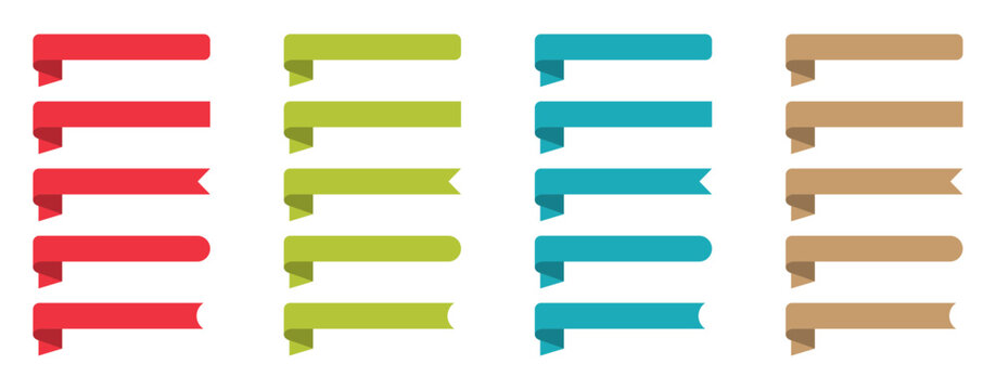 Set of flat colorful ribbon icons in red, green, teal, and brown. Variety of banner styles for web design, labels, infographics, marketing, highlights, and user interface elements.