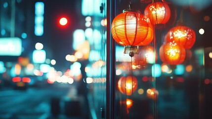Bright orange lanterns hanging in front of a city at night