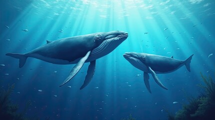 Fototapeta premium Illustration of family blue whale under water, ocean - Generative AI