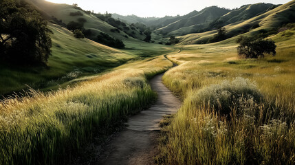 Scenic summer path winding through green meadow, soft sunlight, gentle hills, dreamy and peaceful nature