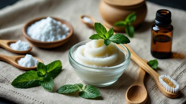 Natural toothpaste, bamboo toothbrush, and components such as baking soda, coconut oil, mint essential oil, and homemade cosmetics.