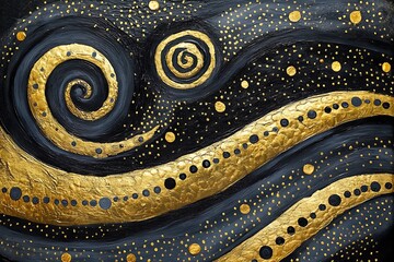 Elegant golden swirl patterns on black background, creating a luxurious and artistic feel