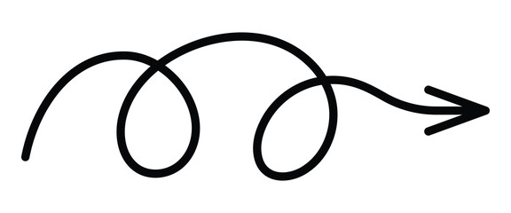 Curved spiral arrow vector illustration. Hand-drawn doodle style twist arrow symbol. Black line art isolated on white background.