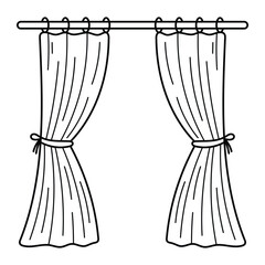 Curtains on window rod vector illustration. Hand-drawn doodle style window drapes with tiebacks. Black line art isolated on white background.