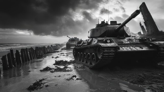 war photography, monochrome photojournalism shot capturing the historical moment of tanks bypassing barricades on the beach
