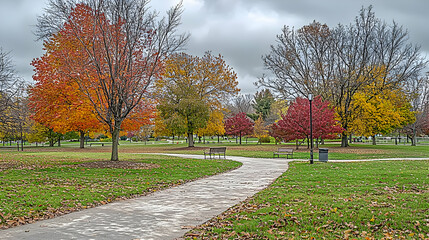 Autumn Park Path With Colorful Trees