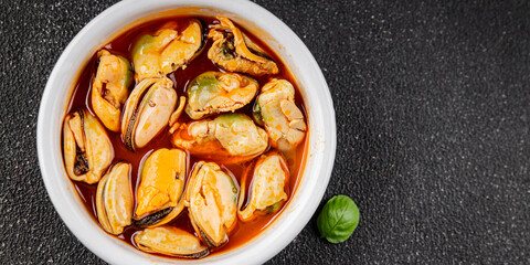 Mussels canned seafood appetizer dish organic product fresh tasty gourmet food background on the table rustic food top view copy space 