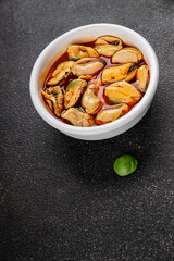 Mussels canned seafood appetizer dish organic product fresh tasty gourmet food background on the table rustic food top view copy space 