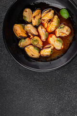 Mussels canned seafood appetizer dish organic product fresh tasty gourmet food background on the table rustic food top view copy space 