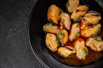 Mussels canned seafood appetizer dish organic product fresh tasty gourmet food background on the table rustic food top view copy space 