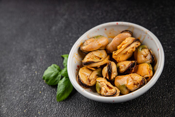 Mussels canned seafood appetizer dish organic product fresh tasty gourmet food background on the table rustic food top view copy space 