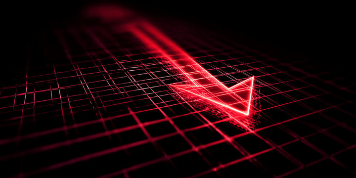 Red neon arrow pointing down on a dark grid background, symbolizing decline, fall, or decrease, suitable for financial or technological concepts