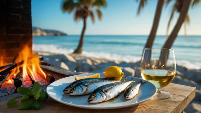 Skewered sardines grilled over an open flame with olive wood, served outdoors with lemon and fino sherry, overlooking the blue sea.