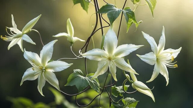 Charming White Blooms of Sweet Autumn Clematis: Close-Up of the Aromatic Climbing Vine, a Decorative Addition to Flowering Gardens.