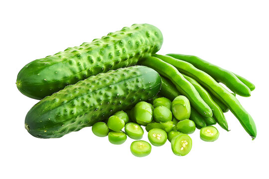 Fresh vibrant green produce two cucumbers, green beans, and sliced vegetables arranged on a transparent background