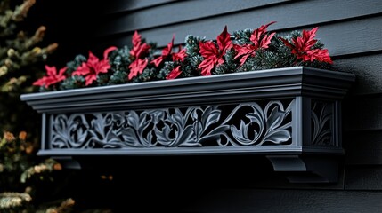 Dark gray planter box with carved foliage design, perfect for outdoor holiday decorations