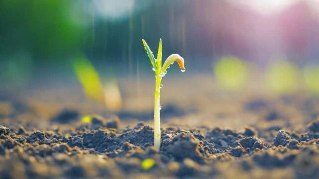Young sprout emerging from soil, vibrant morning light, growth, nature's rebirth, ideal for educational resources, business growth metaphor