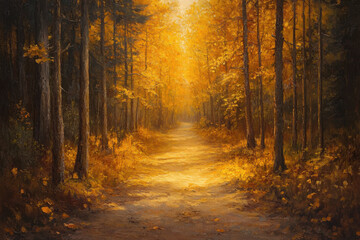 Fototapeta premium A winding path through a lush forest, dappled sunlight filtering through the canopy. Trees stand tall on either side, their leaves creating a natural green tunnel.
