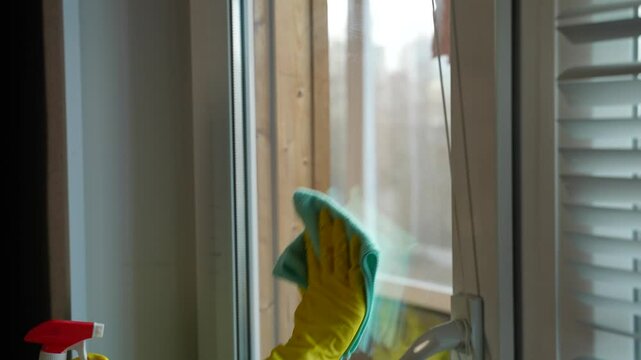 A woman's hand in rubber gloves is cleaning a window at home with a wet cloth, removing dust and stains. A young woman is diligently scrubbing the glass in the room with a soapy cloth. Close-up.