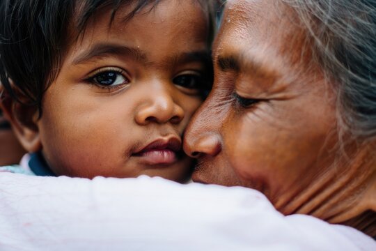 Heartwarming moment: grandmother embraces child with tenderness and love