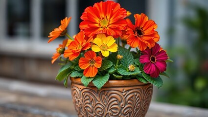 Colorful wildflowers in an etched clay pot, alchemilla, saponaria, gloxinia