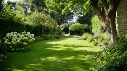 Blooming hydrangeas in a serene garden, lush greenery under soft sunlight. Peaceful countryside charm and natural beauty.
