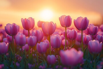 Sunset blooming tulips in a field nature photography peaceful scenic view