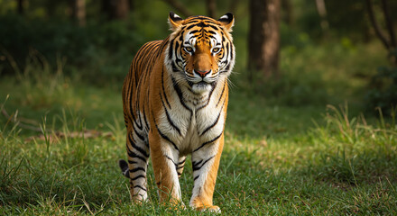 Obraz premium Majestic tiger walking confidently in a lush green forest 