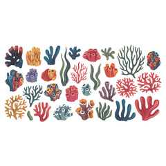 Cartoon seaweed, algae, coral reef, botanical vector illustration element set for design. Different types of exotic underwater ocean sea flora, marine, aquatic funky groovy plants.