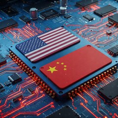 US and CHINA flag chips on a CPU board