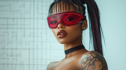 Fototapeta premium A cyberpunk-inspired editorial with glowing tattoos and a futuristic visor.