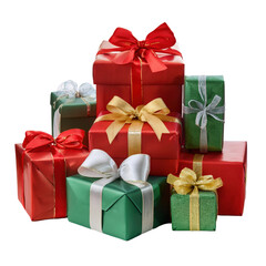 Fototapeta premium Colorful Christmas Presents Wrapped in Festive Paper with Bows on transparent background