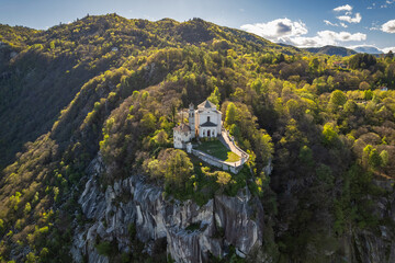 Aerial view of Sanctuary of Madonna del Sasso in northern Italy