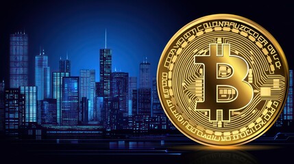 Golden Bitcoin coin over a futuristic city skyline