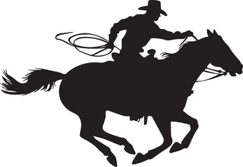 A vector silhouette of a wild west cowboy riding a running horse with a rope