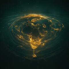 Glowing translucent world map illustrating geopolitical dynamics with radiant ripple effects and cosmic backdrop Generative AI