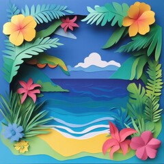 Tropical paradise crafted in paper cutout style featuring vibrant foliage and serene ocean view during sunny daytime Generative AI