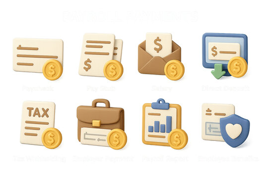 3D icon set of payroll payments: paycheck, pay stub, salary, direct deposit, tax withholding, employer payment, payroll report, employee benefits. 3d icon