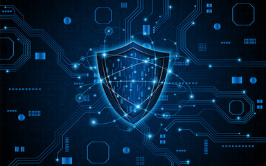 Abstract technology circuit board background with shield symbols concept of data protection and cyber privacy. modern security technology innovation concept background	