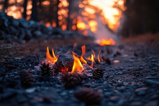 Sunset fire, pine cones burning on forest road - Powered by Adobe